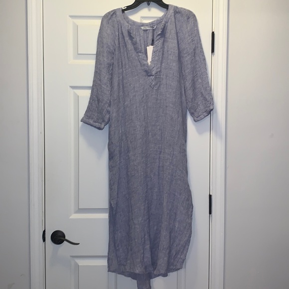 Zara gauzy Linen Tunic Dress, with pockets, blue & white woven fabric, NWT - Picture 3 of 11